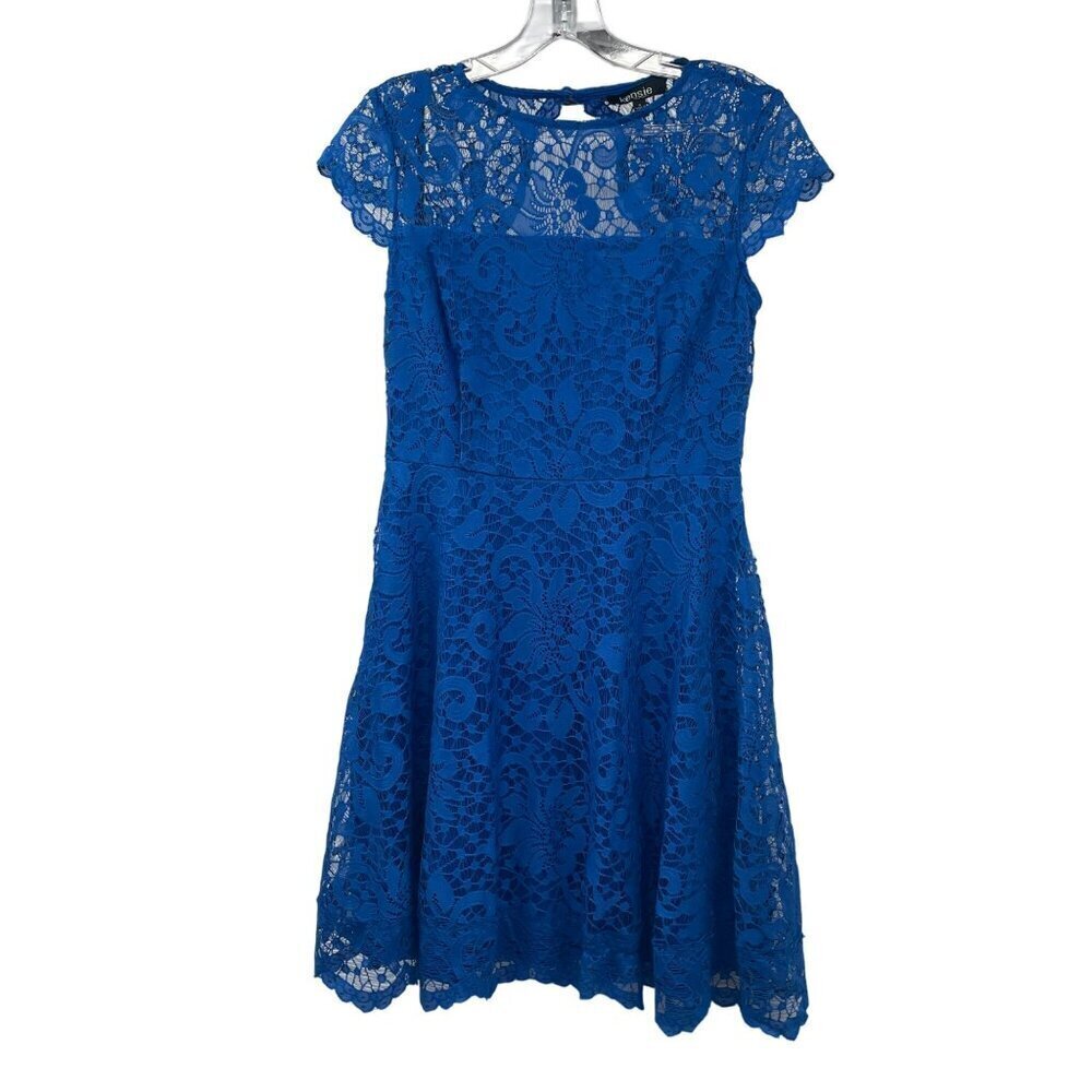 Kensie Womens Lace A-Line Dress Short Sleeve Blue Size 4 Keyhole